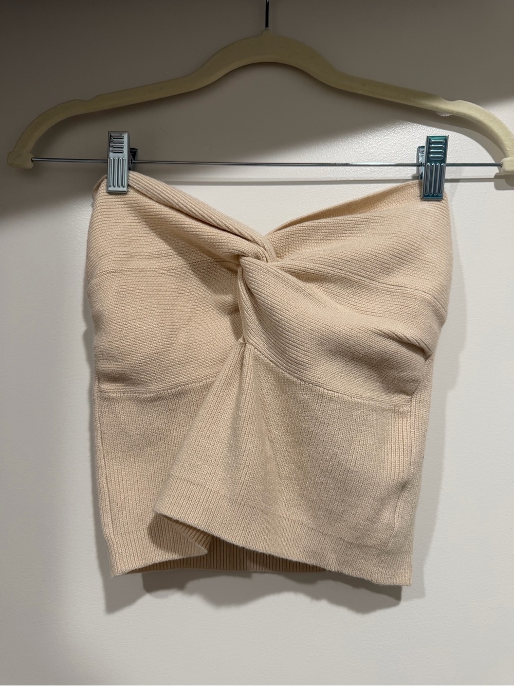 Knit Twist-Front Beige Strapless Top